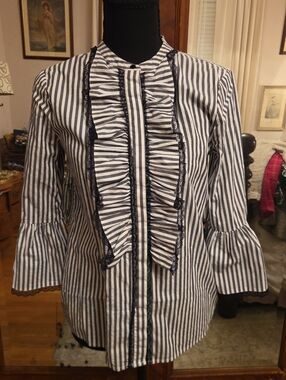 Karl Lagerfeld Gray and White Striped Ruffle Button-Down Shirt